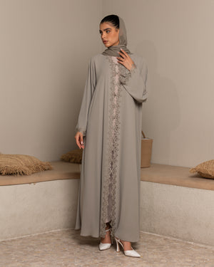 Heritage Threads Abaya - Muted Sage Metallic Lace Border Abaya | Klosh Silhouette with Lace Cuffs