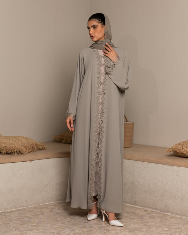 Heritage Threads Abaya - Muted Sage Metallic Lace Border Abaya | Klosh Silhouette with Lace Cuffs