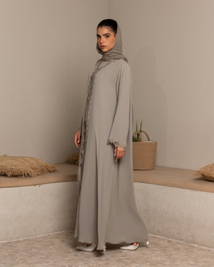 Heritage Threads Abaya - Muted Sage Metallic Lace Border Abaya | Klosh Silhouette with Lace Cuffs