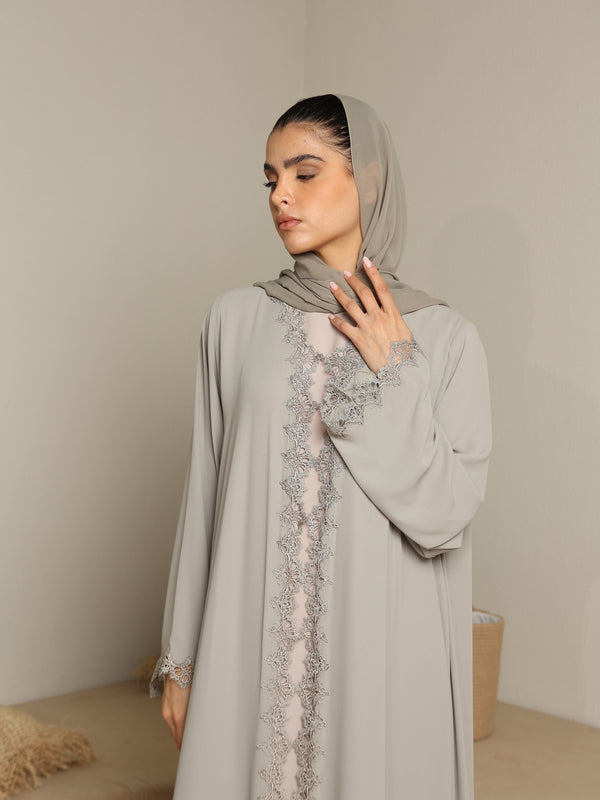 Heritage Threads Abaya - Muted Sage Metallic Lace Border Abaya | Klosh Silhouette with Lace Cuffs