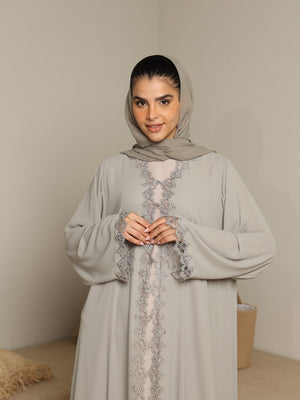 Heritage Threads Abaya - Muted Sage Metallic Lace Border Abaya | Klosh Silhouette with Lace Cuffs