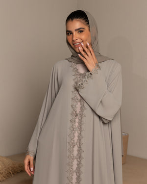 Heritage Threads Abaya - Muted Sage Metallic Lace Border Abaya | Klosh Silhouette with Lace Cuffs