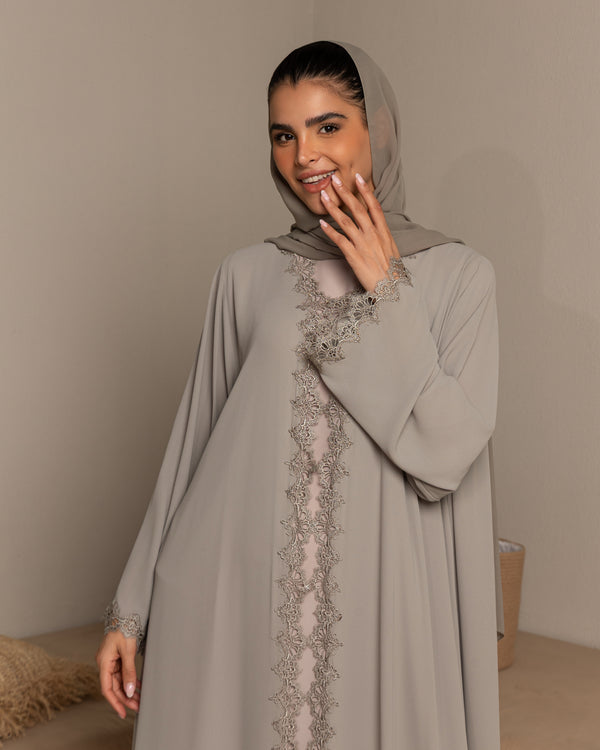 Heritage Threads Abaya - Muted Sage Metallic Lace Border Abaya | Klosh Silhouette with Lace Cuffs