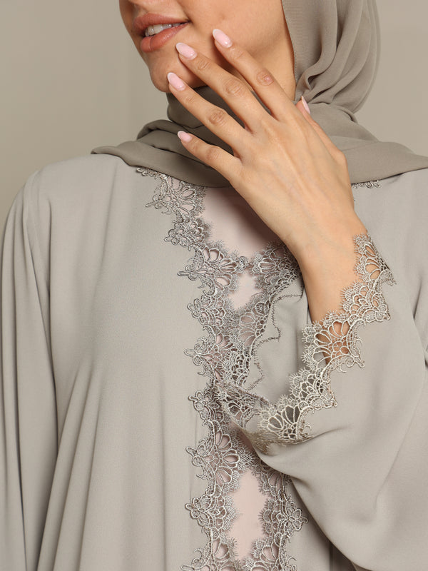 Heritage Threads Abaya - Muted Sage Metallic Lace Border Abaya | Klosh Silhouette with Lace Cuffs