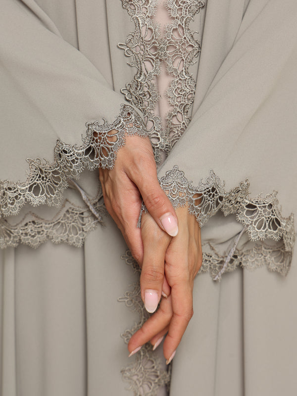 Heritage Threads Abaya - Muted Sage Metallic Lace Border Abaya | Klosh Silhouette with Lace Cuffs