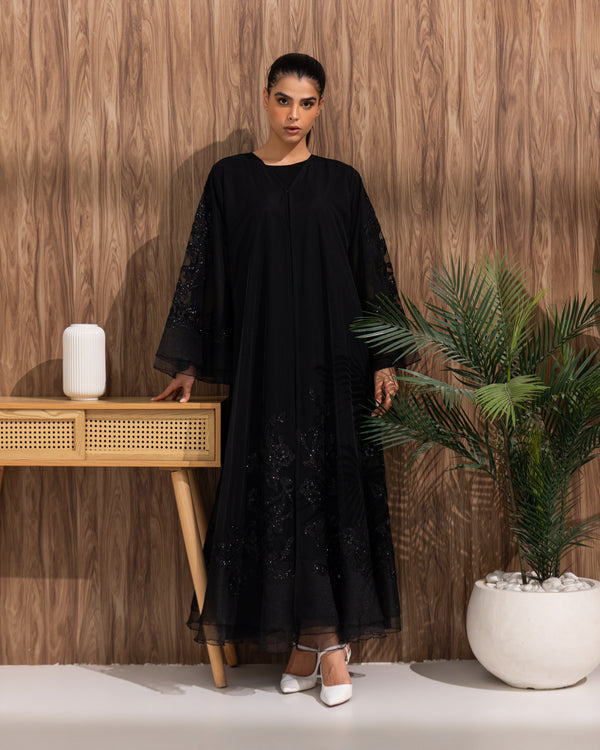 Heritage Threads Abaya - Black Floral Beaded Organza Abaya | Klosh Cut with Sheer Overlay