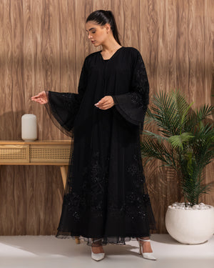 Heritage Threads Abaya - Black Floral Beaded Organza Abaya | Klosh Cut with Sheer Overlay