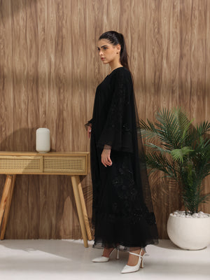 Heritage Threads Abaya - Black Floral Beaded Organza Abaya | Klosh Cut with Sheer Overlay