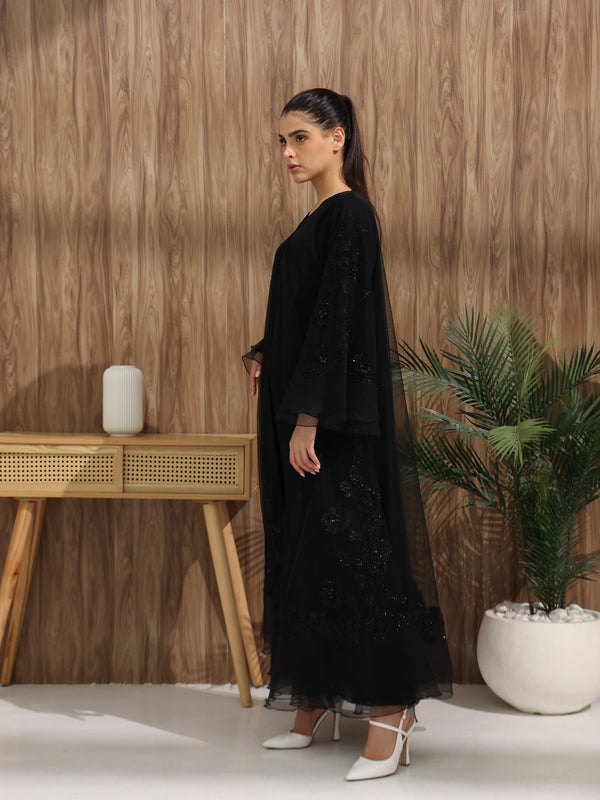 Heritage Threads Abaya - Black Floral Beaded Organza Abaya | Klosh Cut with Sheer Overlay