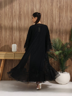 Heritage Threads Abaya - Black Floral Beaded Organza Abaya | Klosh Cut with Sheer Overlay