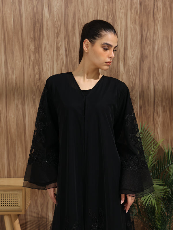 Heritage Threads Abaya - Black Floral Beaded Organza Abaya | Klosh Cut with Sheer Overlay