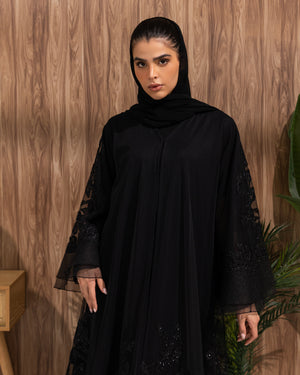 Heritage Threads Abaya - Black Floral Beaded Organza Abaya | Klosh Cut with Sheer Overlay