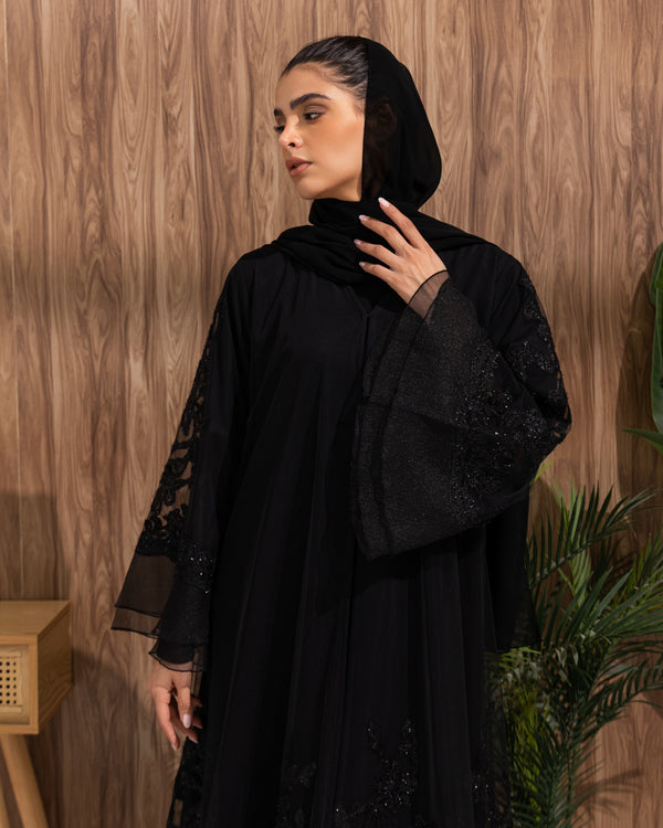 Heritage Threads Abaya - Black Floral Beaded Organza Abaya | Klosh Cut with Sheer Overlay