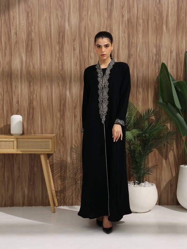 Heritage Threads Abaya - Classic Black Silver Geometric Embroidered Collar Abaya | Klosh Cut with Embellished Cuffs