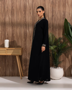 Heritage Threads Abaya - Classic Black Silver Geometric Embroidered Collar Abaya | Klosh Cut with Embellished Cuffs