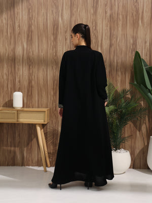 Heritage Threads Abaya - Classic Black Silver Geometric Embroidered Collar Abaya | Klosh Cut with Embellished Cuffs