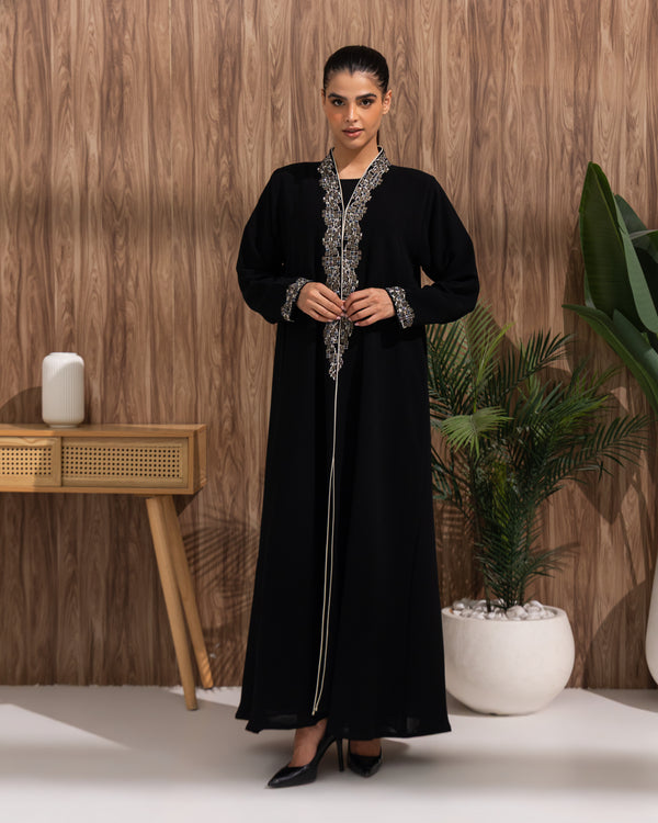 Heritage Threads Abaya - Classic Black Silver Geometric Embroidered Collar Abaya | Klosh Cut with Embellished Cuffs