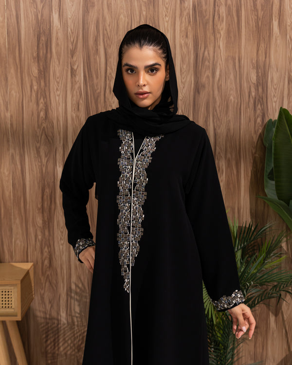 Heritage Threads Abaya - Classic Black Silver Geometric Embroidered Collar Abaya | Klosh Cut with Embellished Cuffs