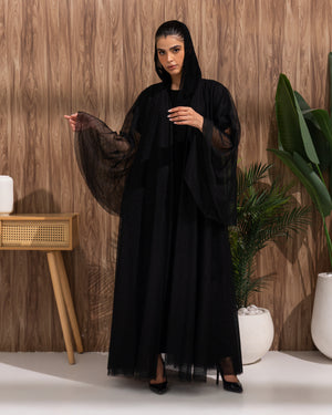 Heritage Threads Abaya - Classic Black Tulle Overlay Abaya | Klosh Cut with Sheer Wide Sleeves