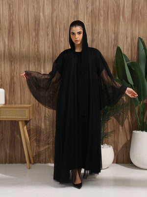 Heritage Threads Abaya - Classic Black Tulle Overlay Abaya | Klosh Cut with Sheer Wide Sleeves