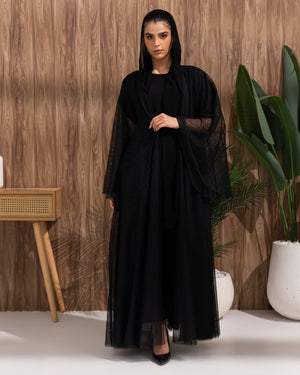 Heritage Threads Abaya - Classic Black Tulle Overlay Abaya | Klosh Cut with Sheer Wide Sleeves