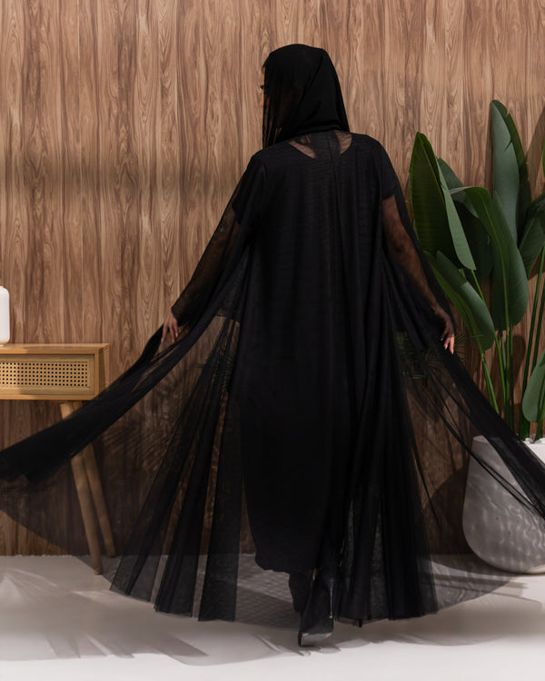 Heritage Threads Abaya - Classic Black Tulle Overlay Abaya | Klosh Cut with Sheer Wide Sleeves
