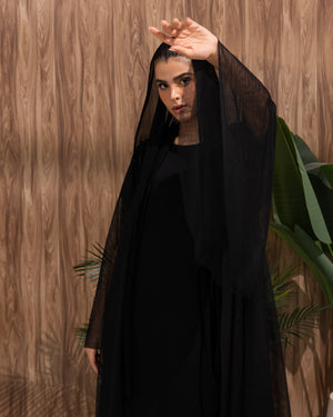 Heritage Threads Abaya - Classic Black Tulle Overlay Abaya | Klosh Cut with Sheer Wide Sleeves