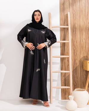 Black Satin Beaded Straight Abaya