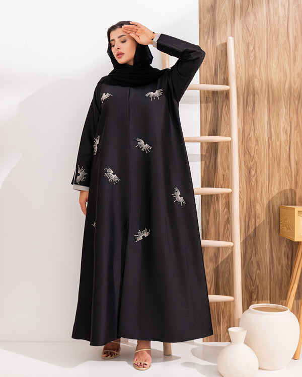 Black Satin Beaded Straight Abaya