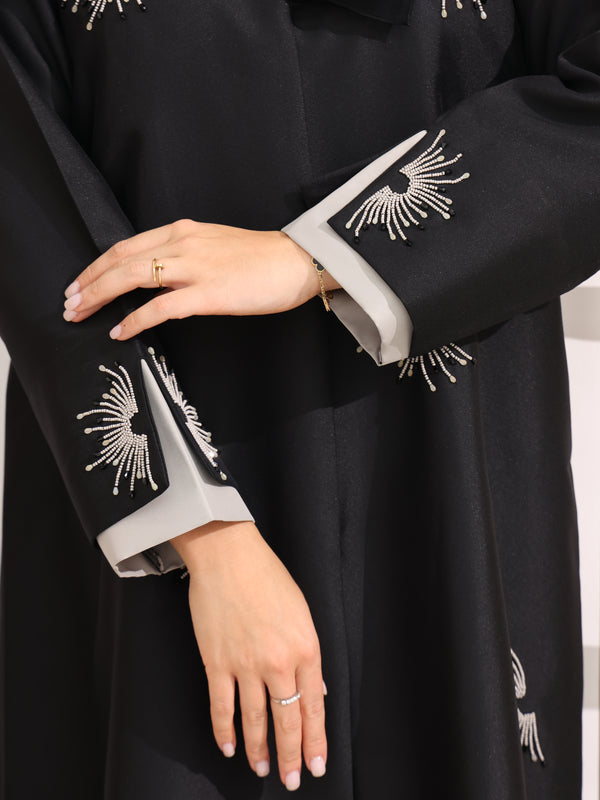 Black Satin Beaded Straight Abaya