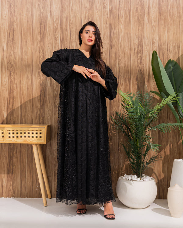 Black Abaya with Floral Jacquard Pattern