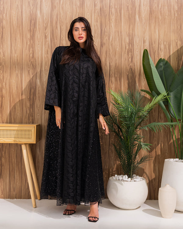 Black Abaya with Floral Jacquard Pattern