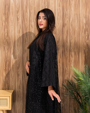 Black Abaya with Floral Jacquard Pattern
