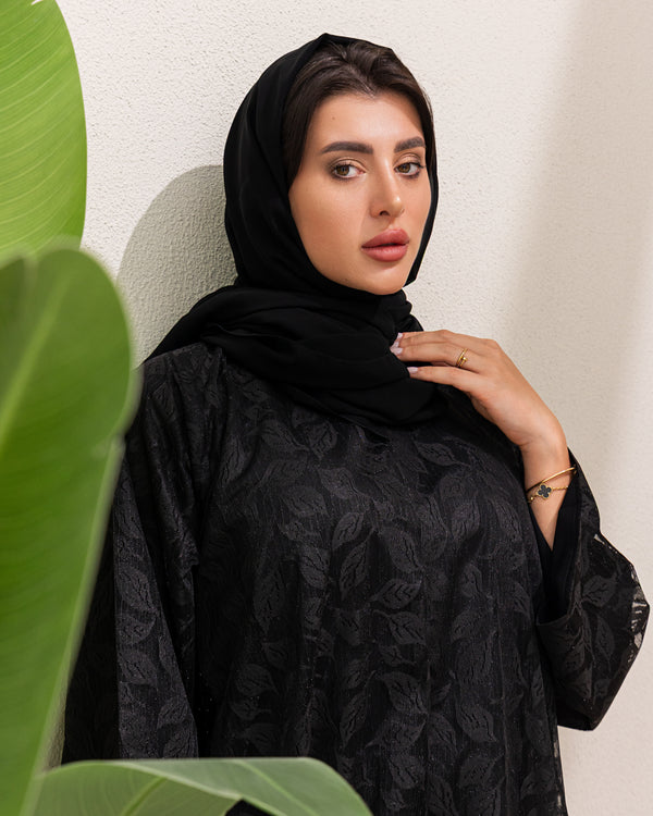 Black Abaya with Floral Jacquard Pattern