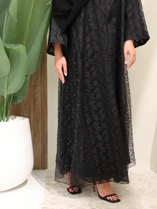Black Abaya with Floral Jacquard Pattern
