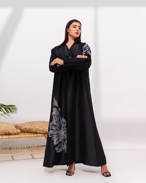Black Abaya with Hand Floral Patterns Beadwork