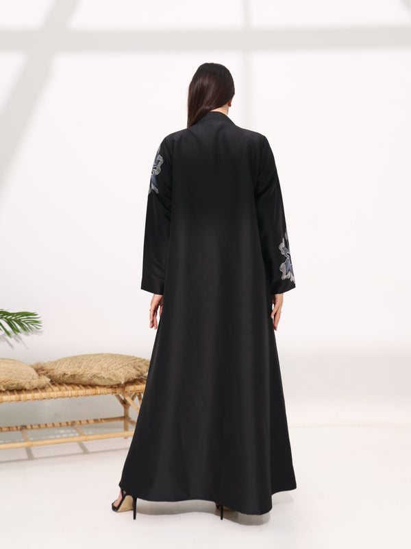 Black Abaya with Hand Floral Patterns Beadwork