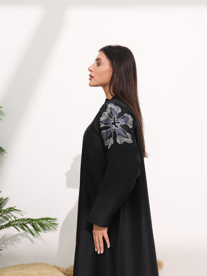 Black Abaya with Hand Floral Patterns Beadwork