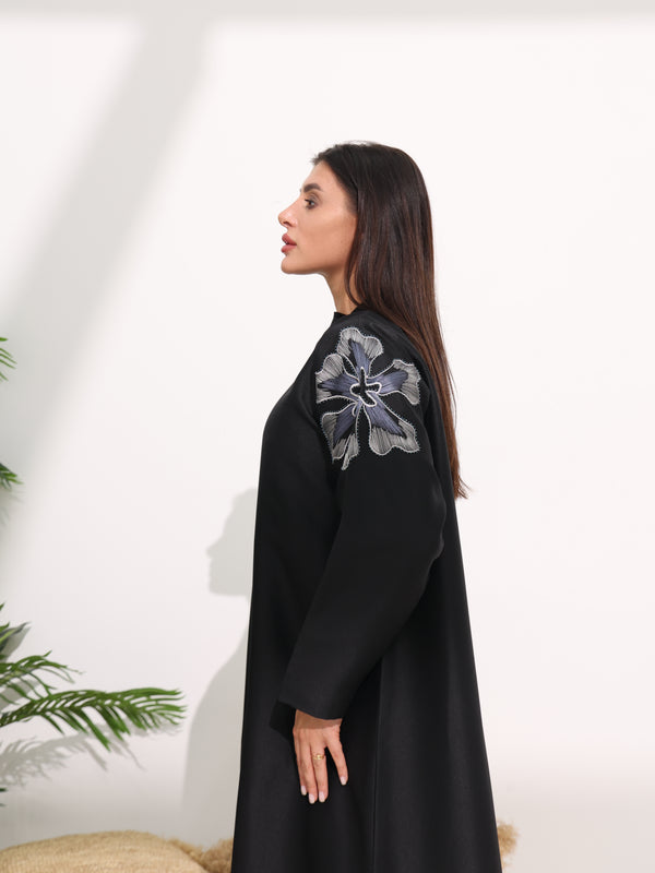 Black Abaya with Hand Floral Patterns Beadwork