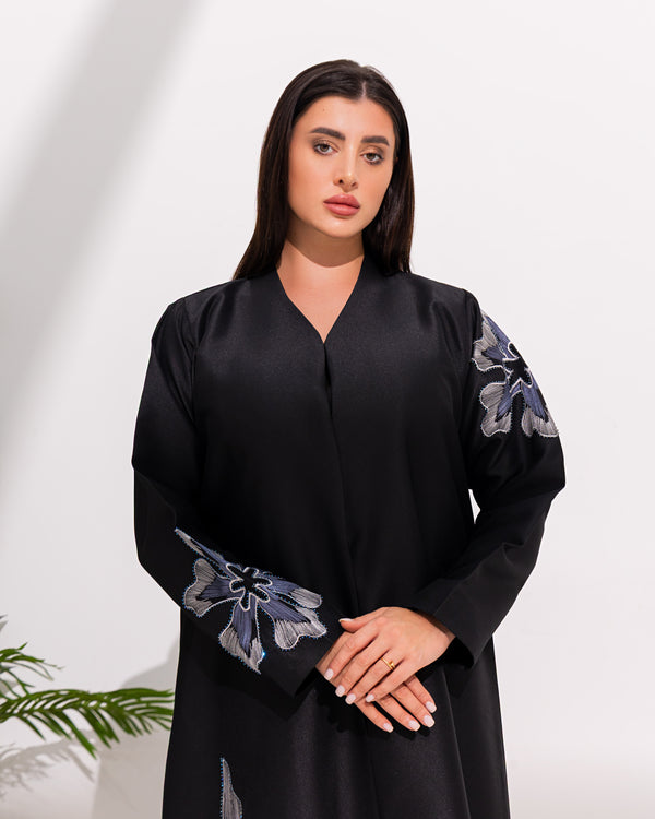 Black Abaya with Hand Floral Patterns Beadwork
