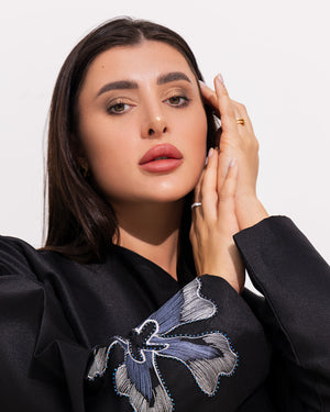 Black Abaya with Hand Floral Patterns Beadwork