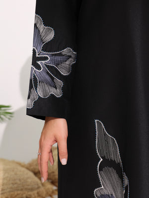 Black Abaya with Hand Floral Patterns Beadwork