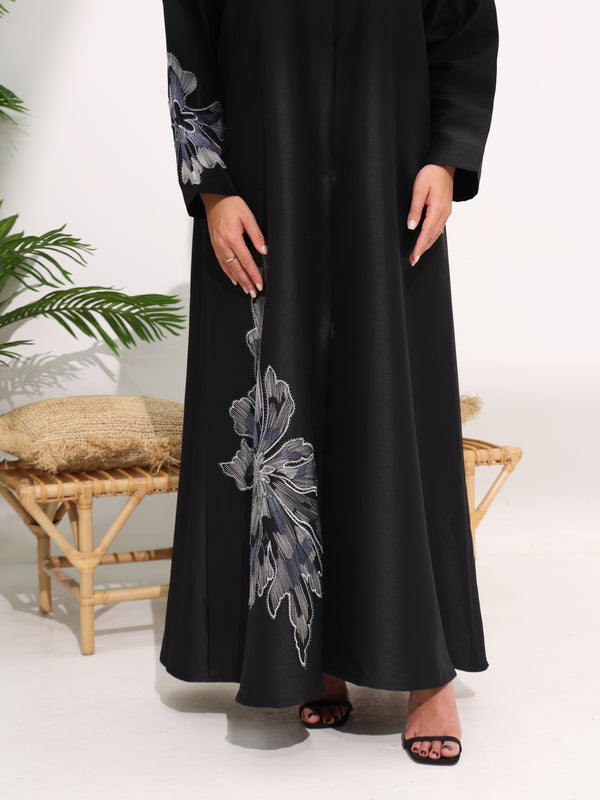 Black Abaya with Hand Floral Patterns Beadwork