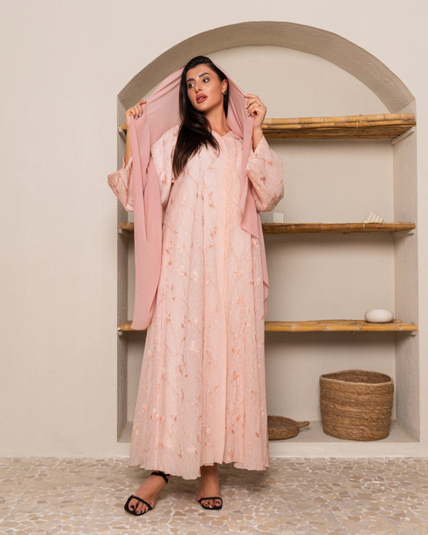Pale Pink Abaya Embroidered Floral Pattern