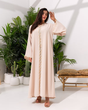 Blush Pink Abaya with Three-Dimensional Floral Appliqué