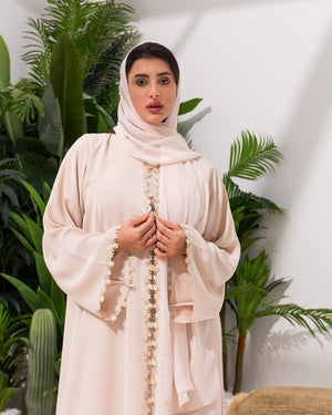 Blush Pink Abaya with Three-Dimensional Floral Appliqué
