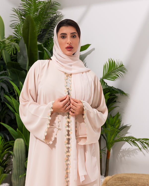 Blush Pink Abaya with Three-Dimensional Floral Appliqué