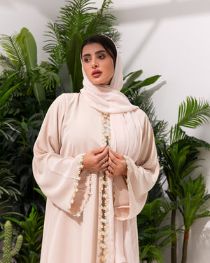 Blush Pink Abaya with Three-Dimensional Floral Appliqué
