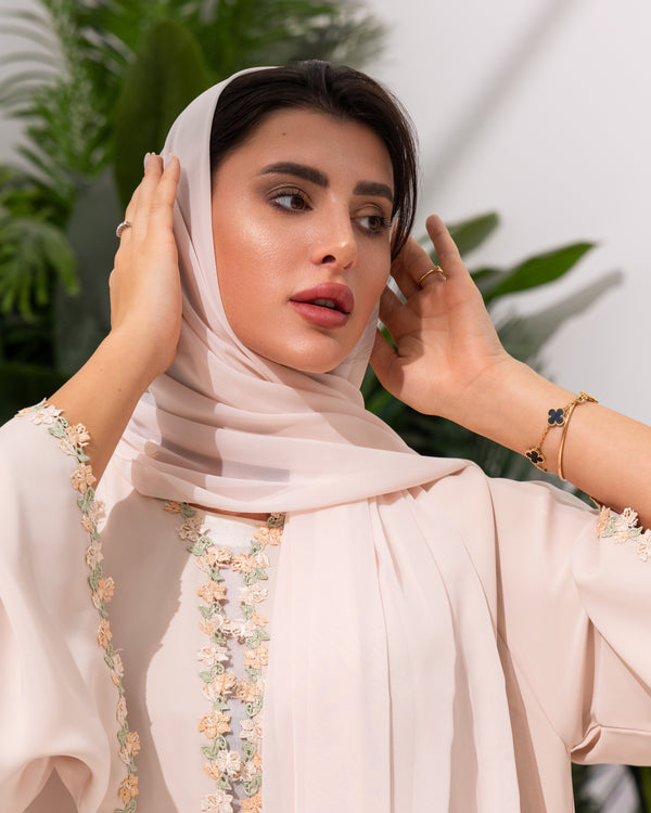 Blush Pink Abaya with Three-Dimensional Floral Appliqué