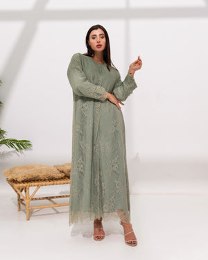 Sage Green Lace Abaya with Delicate Floral Detailing